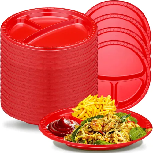 Vista 8 de Umigy 100 platos de plástico divididos de 10 pulgadas, 3 compartimentos, a granel, colorido, desechable, resistente, vajilla redonda para San Negro