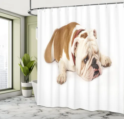Vista 4 de Ambesonne Cortina de ducha de bulldog inglés, Bulldog triste y cansado, fotografía de animales de raza pura europea, juego de decoración de baño