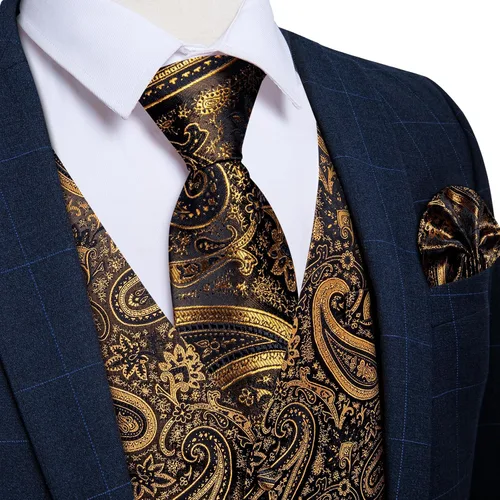 Vista 2 de DiBanGu Conjunto de chaleco de traje de cachemira y corbata preatada para Dorado y Negro