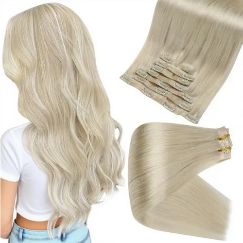 Vista 40 de Full Shine Extensiones de Cabello Rubio con Clip Reflejos Cabello Humano Extensiones con Clip Rubio Ceniza Mezcla Rubio Decolorado PU Extensiones