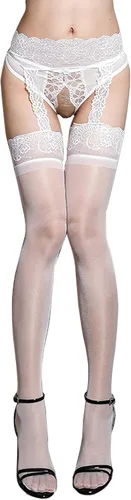 Vista 10 de Medias altas hasta el muslo para mujer, con liguero de encaje sexy Negro_7050