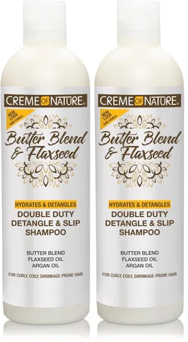 Vista 8 de Creme of Nature Double Duty Champú desenredante y antideslizante con mezcla de mantequilla, linaza y aceite de argán, limpiador alargador rico