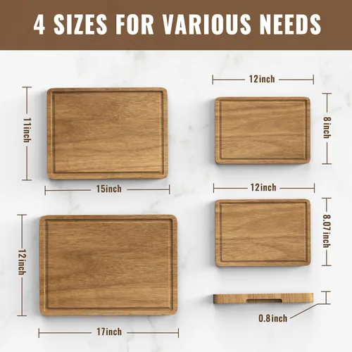 Vista 3 de Juego de 4 tablas de cortar de madera de acacia para cocina, tabla de cortar grande de madera con ranura para jugo, tabla de charcutería, tabla