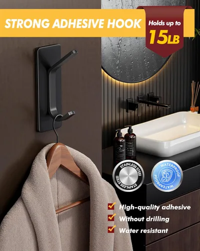 Vista 2 de Auxmir Ganchos adhesivos dobles, paquete de 5 ganchos de acero inoxidable 3.15"x1.18"-Negro