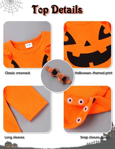 Vista 4 de Conjunto de ropa de Halloween para recién nacido, con volantes, tirantes, calabaza, murciélago, fantasma, falda con diadema