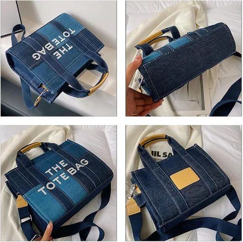 Vista 6 de Bolso de mano para mujer, bolso de mano con cremallera, lona, piel sintética, bolso cruzado de mezclilla, bolso de hombro para oficina, viajes