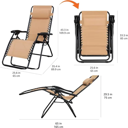 Vista 2 de Amazon Basics - Silla de patio para exteriores con gravedad cero, acolchada, reclinable, plegable y ajustable, con almohada, de Textilene, sillas