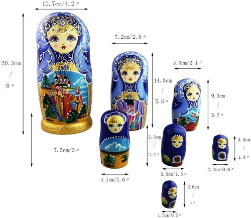 Vista 5 de Winterworm Hermoso patrón azul y dorado de cuento de hadas hecho a mano de madera tradicional rusa muñecas de anidación Matryoshka Set de 7 piezas