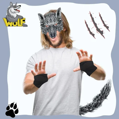 Vista 4 de HyperFun Disfraz de hombre lobo de Halloween, máscara de lobo y juego de colas, disfraz de lobo realista, kit de accesorios de cosplay