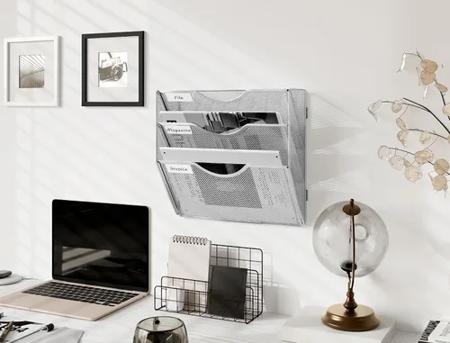 Vista 4 de EasyPAG Organizador de archivos de pared con 3 bolsillos de malla para colgar en la pared, carpeta de documentos, archivador, revistero con etiqueta
