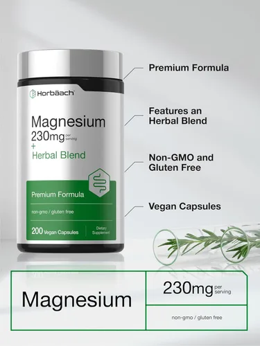 Vista 4 de Horbaach Magnesio 230mg Mezcla de hierbas Plus 200 cápsulas veganas Limpieza suave Suplemento sin OMG y sin gluten