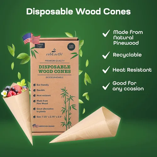 Vista 4 de rebEarth Conos de madera desechables – Conos resistentes al calor para charcutería, aperitivos y aperitivos – Conos de madera de pino