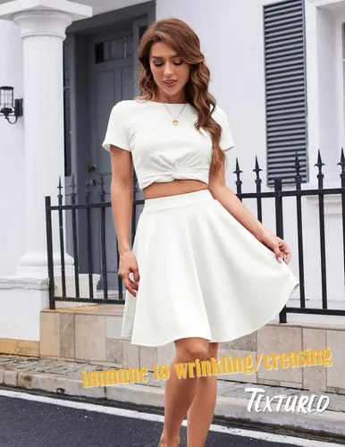 Vista 7 de DRESSTELLS Falda para mujer, minifalda patinadora, versátil, acampanada, básica, elástica, acampanada, casual, plisada