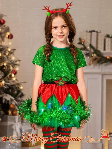 Vista 5 de Kakaco Juego de tutú de Navidad para niñas con diseño de reno rojo, diadema de Navidad, tutú de tul para niñas