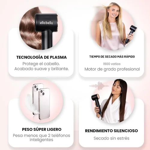 Vista 2 de ELLA BELLA® Secador de Cabello de Plasma Compacto, Secador de Cabello con Tecnología de Plasma Avanzada con Pantalla Digital, Secado Rápido, Bajo