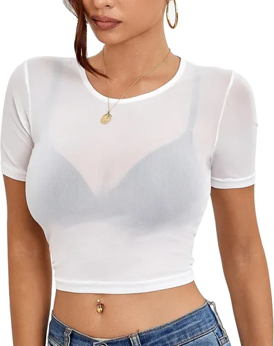 Vista 9 de Camiseta corta de malla para mujer, sexy, transparente, para mujer Negro