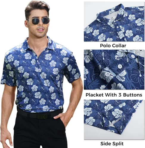 Vista 3 de Polo de golf para hombre, ajuste seco, manga corta, impreso, rendimiento, informal, para hombre