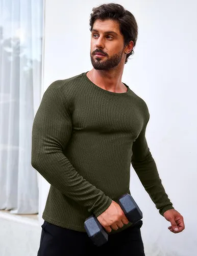 Vista 3 de COOFANDY Paquete de 2 camisetas musculares para hombre, elásticas, de manga larga, para gimnasio, entrenamiento, fisicoculturismo, camisetas
