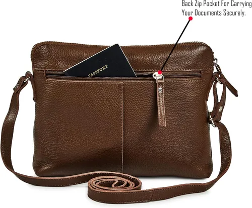 Vista 4 de Bolso cruzados pequeño y cartera de cuero auténtico granulado suave, bolso de hombro cruzado tipo bandolera de calidad prémium y triple cremallera