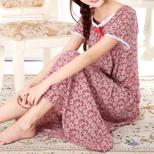 Vista 4 de Camisón de manga corta para mujer, holgado, pijama largo, bata de algodón