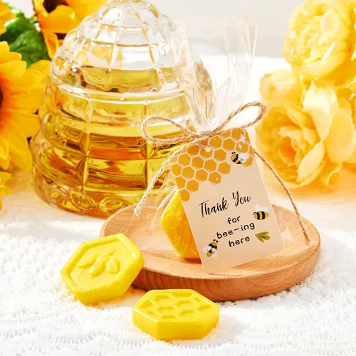 Vista 5 de Juego de 12 recuerdos de fiesta de abejas para baby shower, incluye jabón de panal con tarjeta de agradecimiento, jabón de miel para invitados