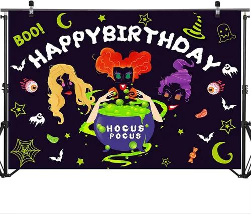 Vista 3 de Mocsicka Hocus Pocus, telón de fondo de fiesta de cumpleaños de Halloween, decoración de fiesta de cumpleaños, Halloween, brujas, hermanas