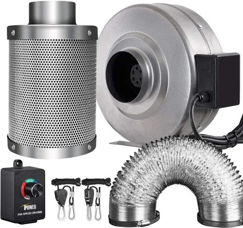 Vista 11 de iPower Ventilador de escape en línea de 4 pulgadas 195 CFM, filtro de carbono de aire con gancho, conducto flexible de 8 pies, colgador de cuerda