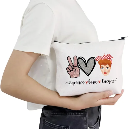 Vista 5 de POFULL Regalo inspirado en programas de televisión Lucy Fan Gift Peace Love Lucy Maquillaje Bolsa con cremallera para mujer