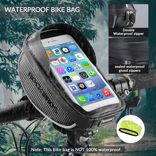 Vista 2 de ROCKBROS Bolsa de montaje para teléfono de bicicleta, bolsa para manillar con marco frontal para bicicleta, funda impermeable para teléfono, bolsa