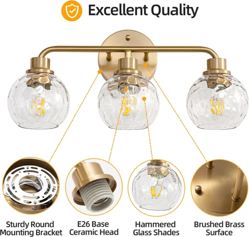 Vista 7 de Lámparas de baño doradas para tocador, 3 luces, apliques de pared, luces de latón cepillado con pantalla de vidrio martillado, lámpara de pared