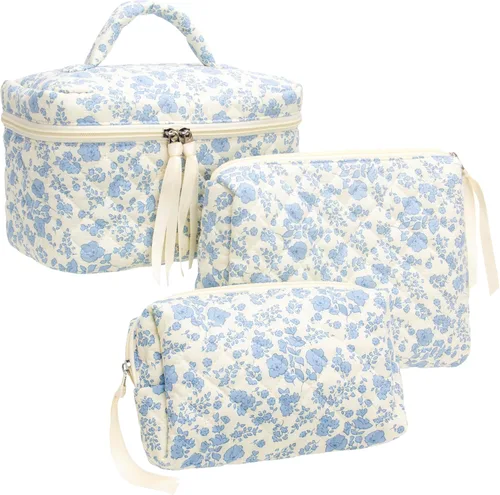 Vista 12 de PAZIMIIK - Bolsa de maquillaje de algodón para mujer, grande, acolchada para viaje, Rosa (Bow Pink), Vintage