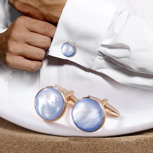 Vista 2 de Cufflinks and tuxedo studs Set for Men with Gift Box, Rose Gold Tone Mother-of-Pearl Cuff links for French Cuff Shirt and Dress Shirt, Suitable for