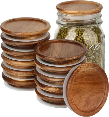 Vista 8 de Paquete de 6 tapas para frascos Mason de boca regular, tapas reutilizables para enlatado, tapas para frascos Mason de madera de acacia con sello