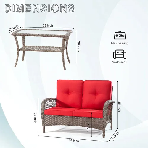 Vista 2 de Joyside Juego de muebles de mimbre para patio, juego de conversación de 2 piezas con un asiento de amor y una mesa de café, sofá y mesa de ratán