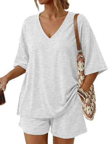 Vista 8 de Trendy Queen Conjunto corto de 2 piezas para mujer, conjuntos de descanso de verano 2026 rosa gris pardo