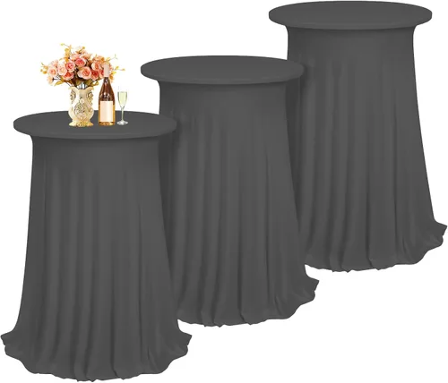 Vista 9 de Paquete de 3 fundas de mesa de cóctel, mantel redondo burdeos, color rojo vino, 32 x 43 pulgadas, elastano elástico con cortinas onduladas, mantel