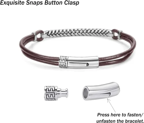 Vista 2 de Carleen Footprint - Pulsera de cuero genuino de plata de ley 925 para hombre cuerda trenzada dije inspirador aniversario día de San Valentín regalo