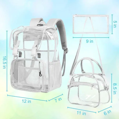 Vista 42 de Mochila transparente, aprobada por el estadio, para niñas y niños, mochila transparente de PVC resistente para mujeres y hombres