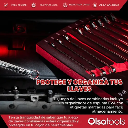 Vista 2 de Olsa Tools Juego de llaves combinadas SAE de 15 piezas, acero al cromo vanadio, extremo de caja de precisión de 12 puntos, irrompible