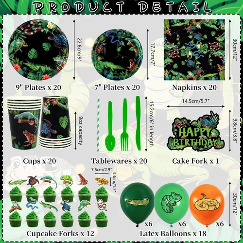 Vista 2 de KEFAN Decoraciones de fiesta de reptiles, lagartos de vida silvestre, serpientes, cocodrilos, suministros de vajilla para fiesta, incluyendo Fondo