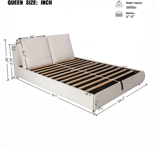 Vista 9 de Harper & Bright Designs Cama de plataforma de almacenamiento hidráulica de tamaño Queen con cabecero, lujoso marco de cama tapizado Boucle con 2