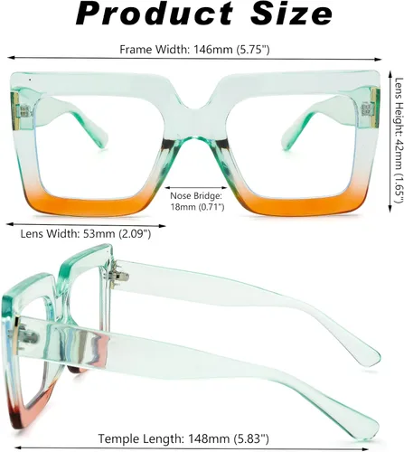Vista 25 de Pro Acme Gafas de bloqueo de luz azul, marcos cuadrados grandes, anteojos falsos para mujer