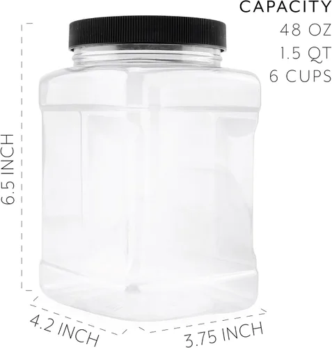 Vista 6 de Cornucopia Brands Tarros cuadrados de plástico de 48 onzas (paquete de 3); recipientes rectangulares transparentes de 6 tazas con tapas negras, lado