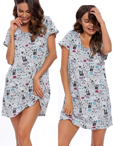 Vista 2 de ENJOYNIGHT - Camisones de algodón para mujer, talla grande, camisa de dormir de manga corta con estampado