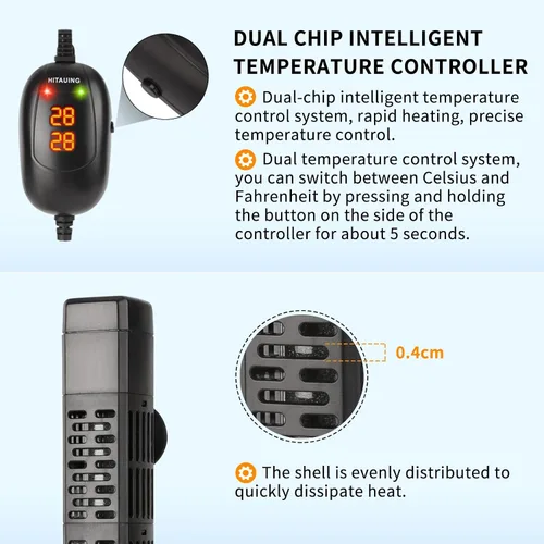 Vista 4 de HiTauing Calentador de Acuario, 50W/100W/200W/300W/500W Calentador de Tanque de Peces Sumergible con Protección contra Sobrecalentamiento y Apagado