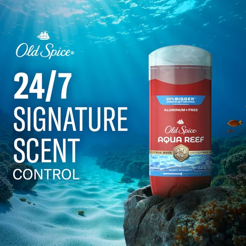 Vista 3 de Old Spice Desodorante sin aluminio para hombres, protección contra olores 24/7, frescura 24/7 y aroma duradero, Aqua Reef con aroma a ciprés, 3.8
