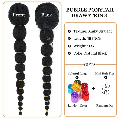 Vista 2 de Extensión de cola de caballo afro rizada con burbuja para mujeres negras de 18 pulgadas de largo, cola de caballo con cordón natural negro, clip