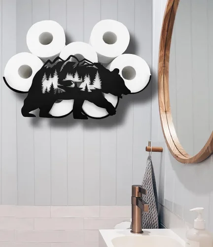 Vista 3 de Bear - Almacenamiento de papel higiénico de pared de metal, divertido soporte de papel higiénico negro, soporte de papel de metal decorativo
