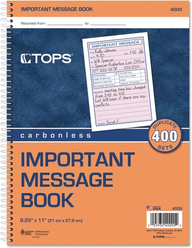 Vista 2 de TOPS Libro de mensajes para teléfono, encuadernado en espiral, 2 partes, sin carbono, blanco y canario, 4 mensajes por página, 400 juegos (4009)