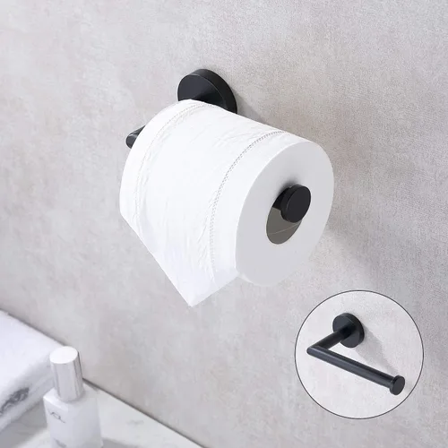 Vista 2 de TASTOS Soporte de papel higiénico negro mate de acero inoxidable, dispensador de rollos de papel higiénico para baño, soporte de pared redondo medio